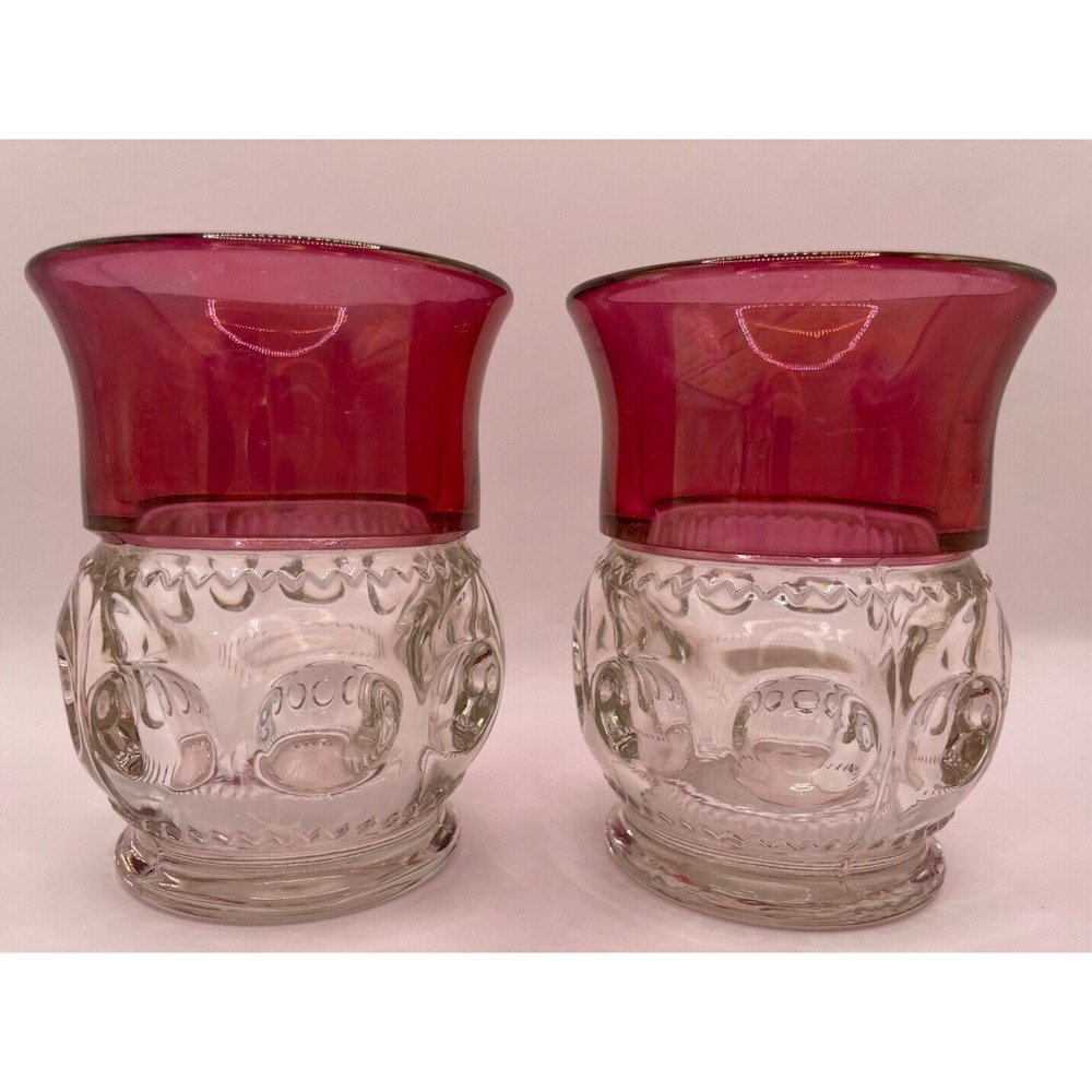 Vintage Tiffin Kings Crown Cranberry Flash Thumbprint Drinking Glass Set of 2